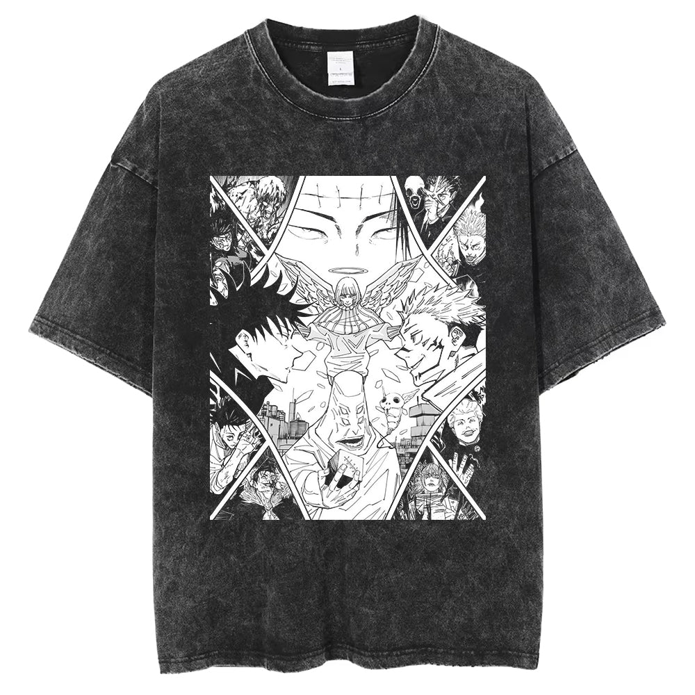 Anime DTG Printed T-shirt Men's Summer Oversize Top Short Sleeve Vintage Washed Shirt Cotton
