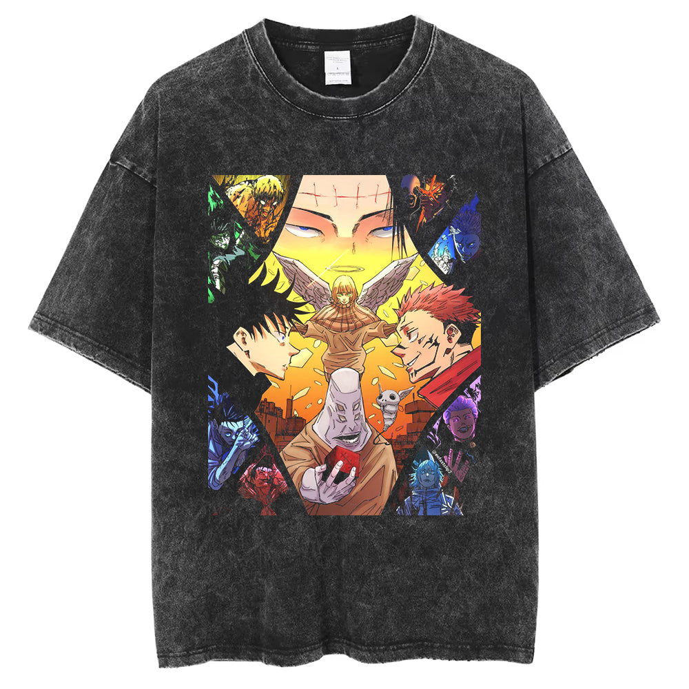 Anime DTG Printed T-shirt Men's Summer Oversize Top Short Sleeve Vintage Washed Shirt Cotton