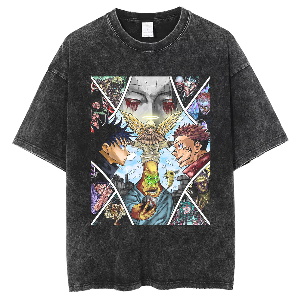 Anime DTG Printed T-shirt Men's Summer Oversize Top Short Sleeve Vintage Washed Shirt Cotton