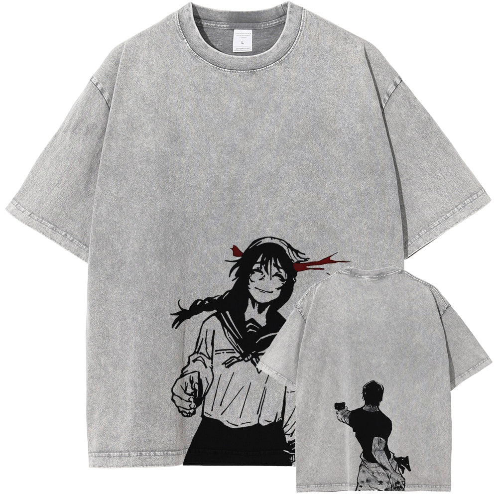 Vintage Men's T-shirt Anime JJk Pattern DTG Printed Short Sleeve Top Pickled 100% Cotton