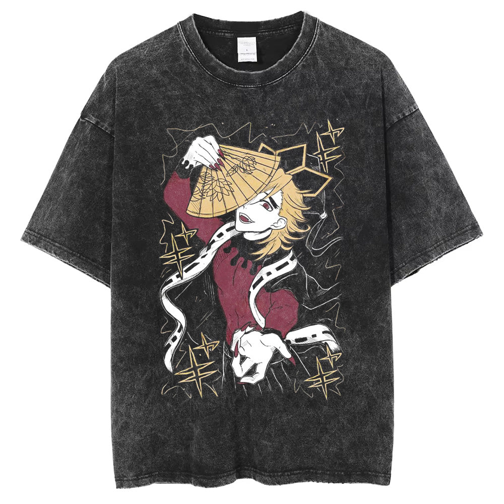 Men Washed T Shirt Anime DTG Print Oversize T Shirt Harajuku 250GSM 100%Cotton Summer Short Sleeve Tshirt
