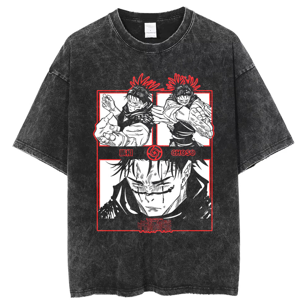 Men Washed T Shirt JJK Anime DTG Print Oversize T Shirt Harajuku 250GSM 100%Cotton Summer Short Sleeve Gym Tshirt