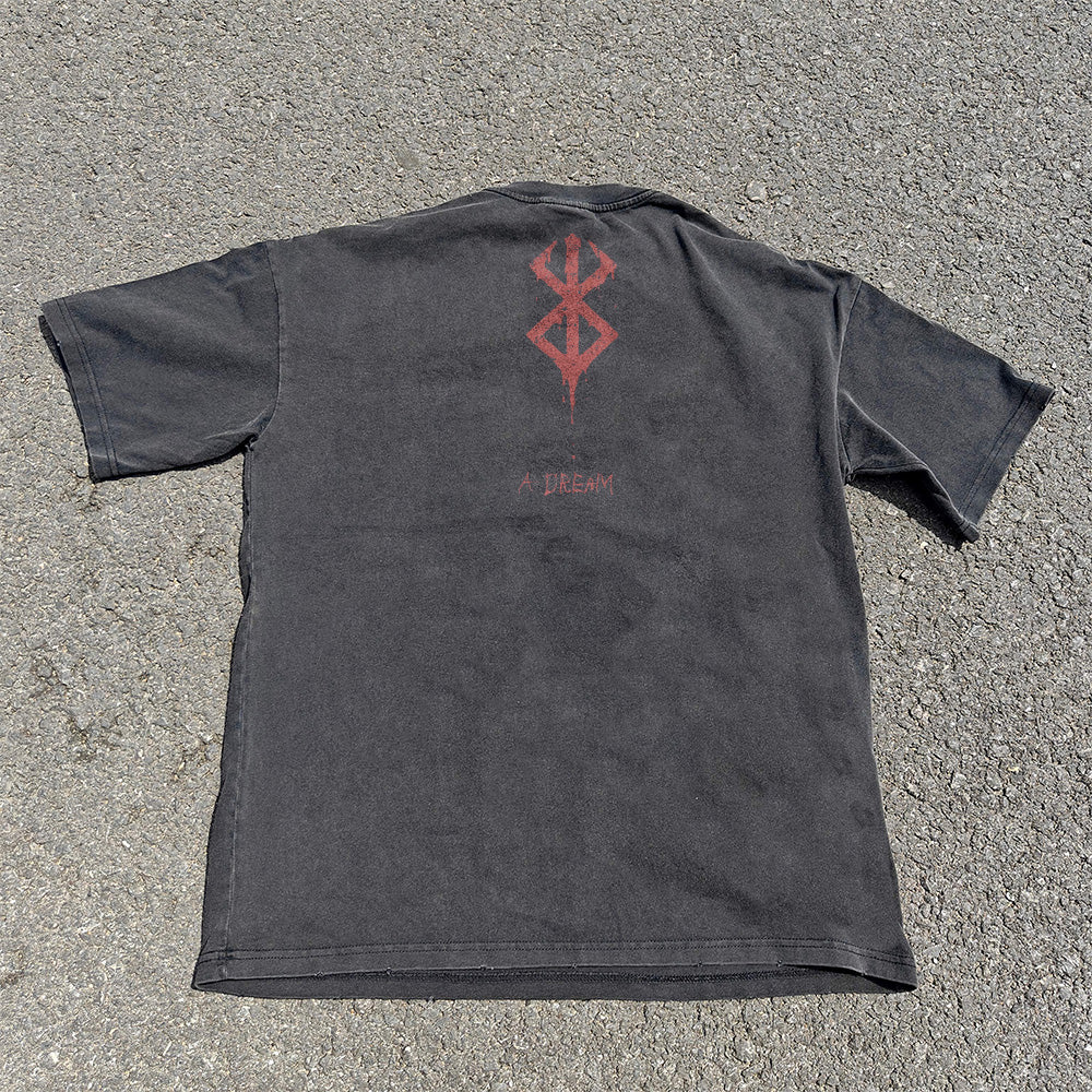 Vintage Black Fading 100% Cotton T-shirt with Berserker Pattern DTG Large Size Printed T-shirt