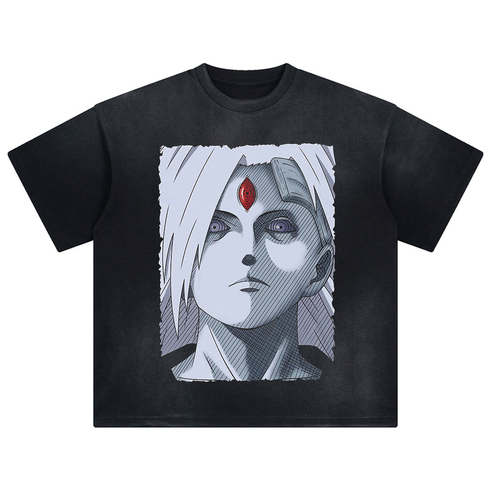 NARUTO DTG Printed Men's T-shirt Summer Cotton Breathable Ovresize Neutral Vintage Wash Irregular Fading