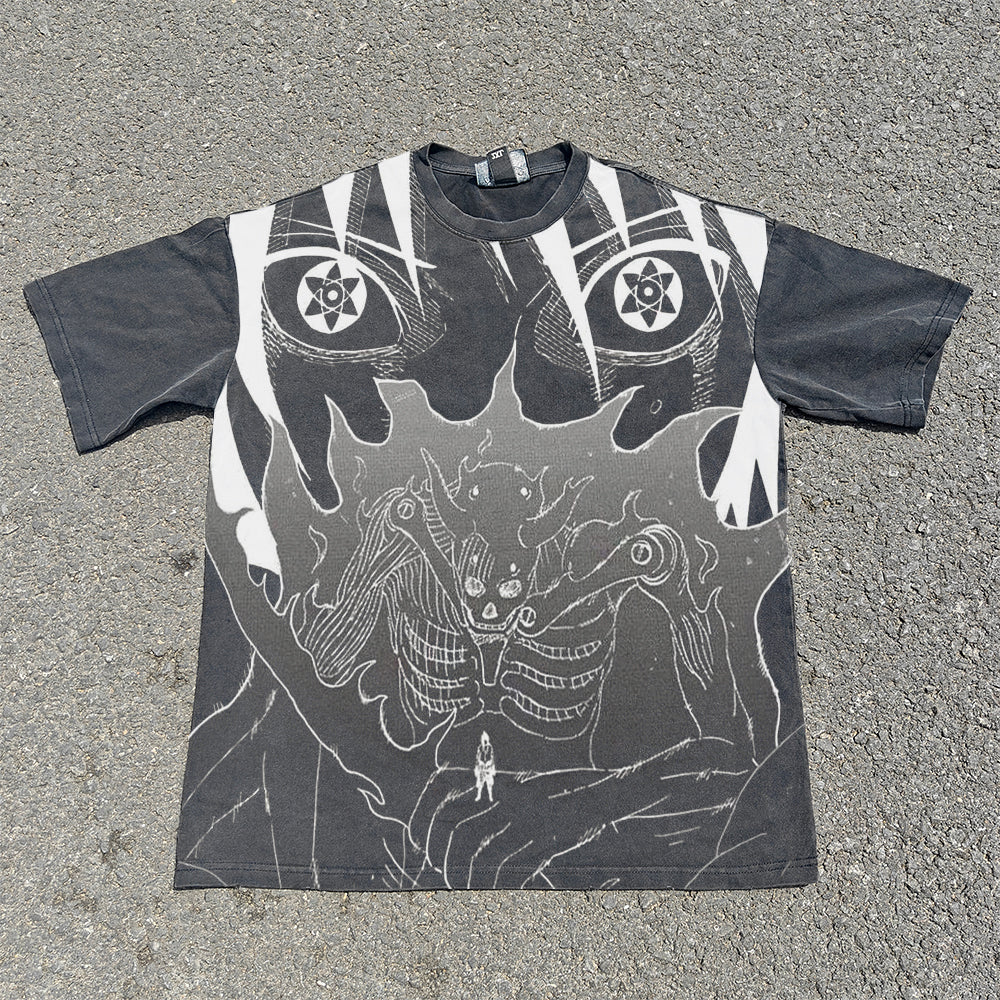 Men's Anime Blood Wheel Eye Pattern T-shirt DTG Printed Vintage Pickled 330GSM Cotton Shirt Gym