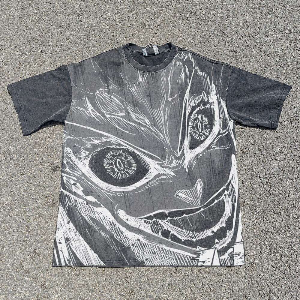 Men's Anime Pattern T-shirt DTG Printed Vintage Pickled Cotton Shirt Gym