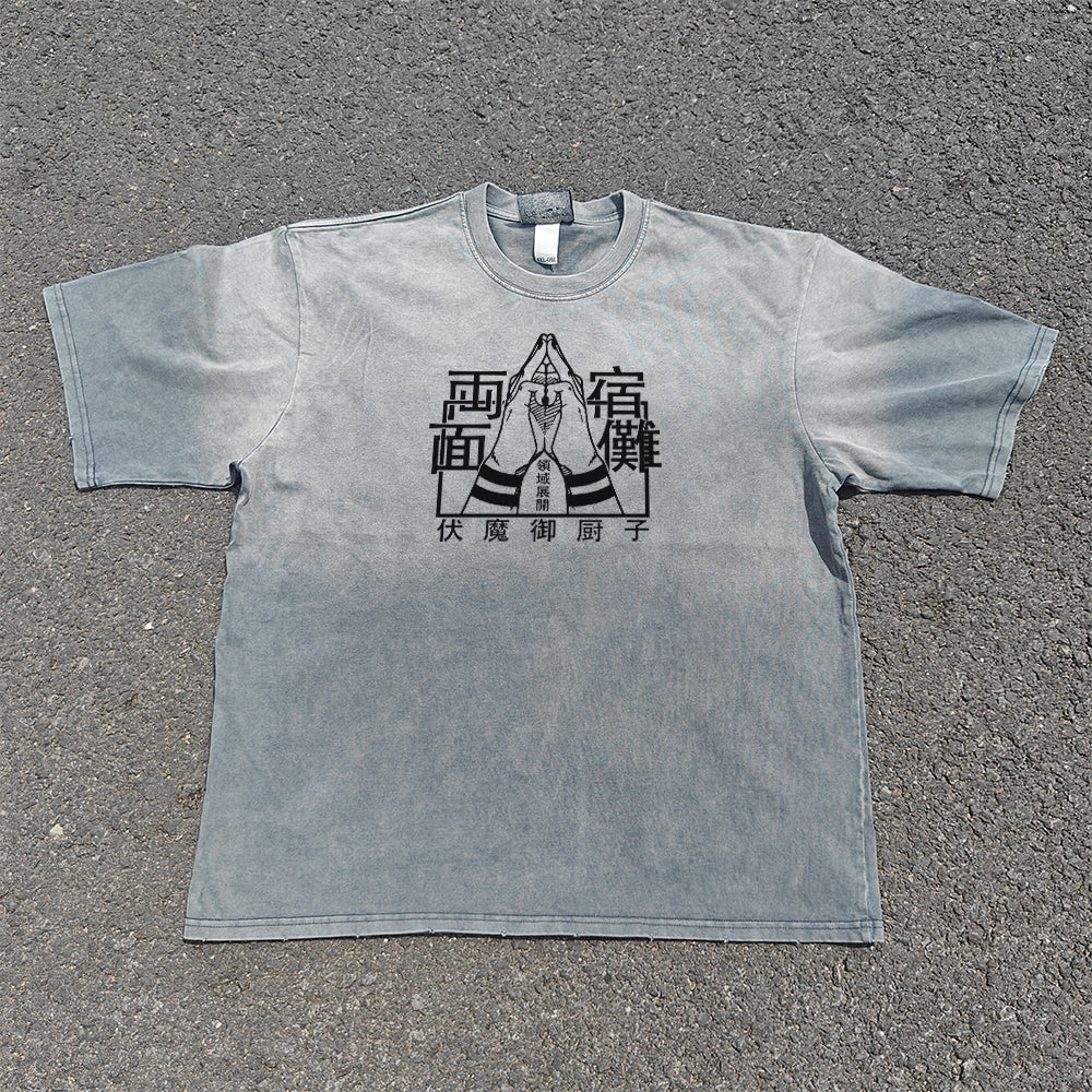 Men's Pickled VintageT T-shirt Sukuna Anime Pattern DTG Printed Short Sleeve Shirt