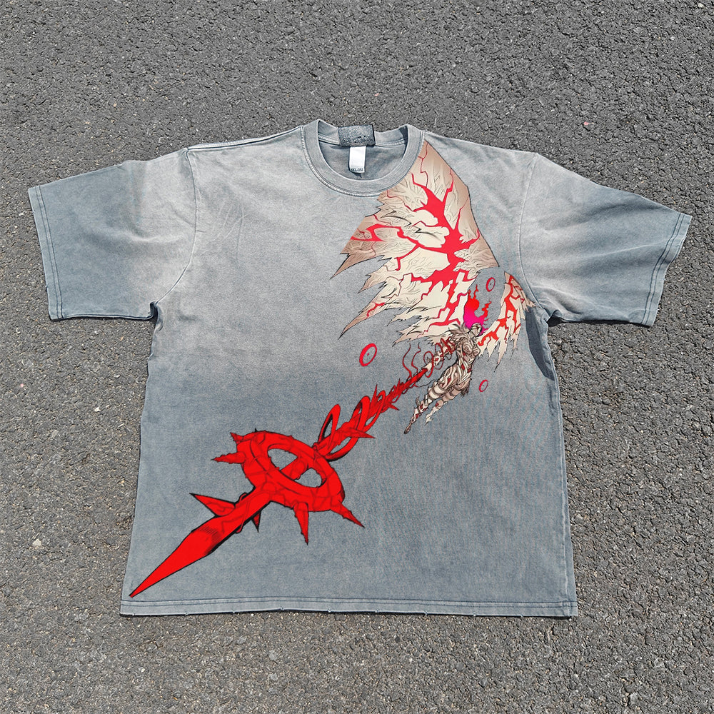 Angel Pattern Punk T-shirt DTG Printed Vintage Pickled Cotton Shirt