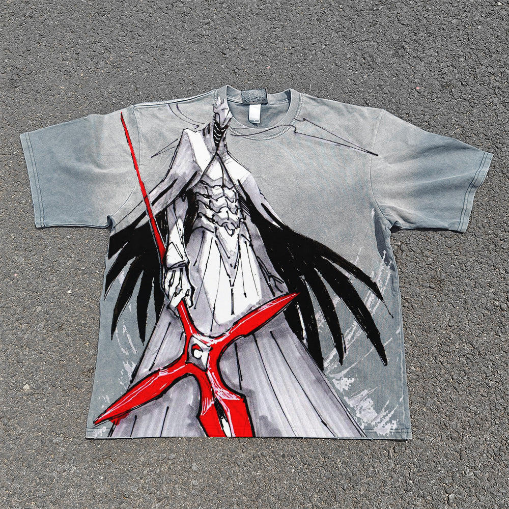 Angel Pattern Punk T-shirt DTG Printed Vintage Pickled Cotton Shirt
