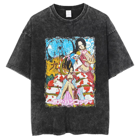 Men T Shirt Vintage Japanese Anime Boa·Hancock Graphic T Shirt Cotton Washed Black Tshirt Hip Hop Harajuku Tops