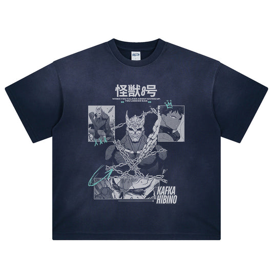 Vintage Men’s Anime Kaiju No. 8 Pattern DTG Printed T-shirt Pickled 100% Cotton Oversize Short Sleeve