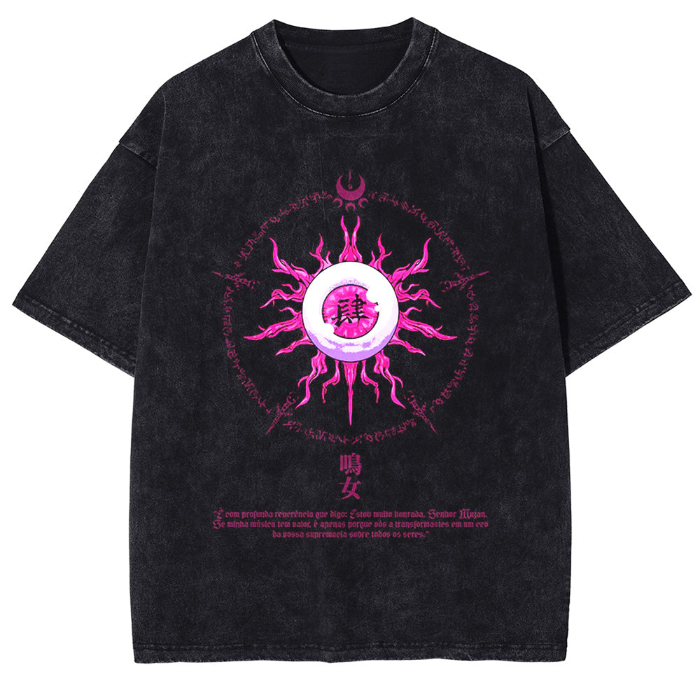 Men Washed T-Shirt Anime DTG Graphic Oversized T Shirt Vintage Black