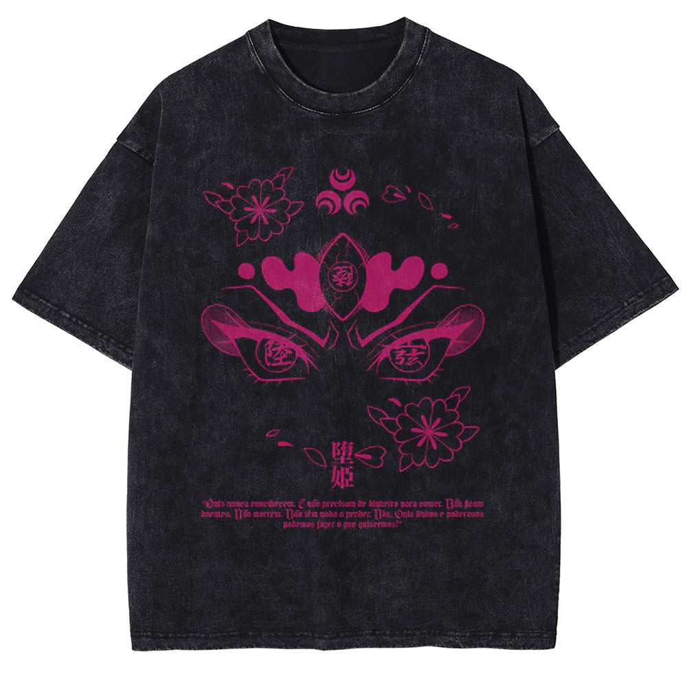 Men Washed T-Shirt Anime DTG Graphic Oversized T Shirt Vintage Black