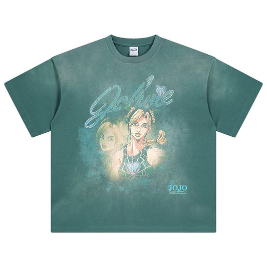 Men's Vintage Anime JoJo Pattern DTG Printed T-shirt Pickled Cotton Short Sleeve Top Oversize Unisex