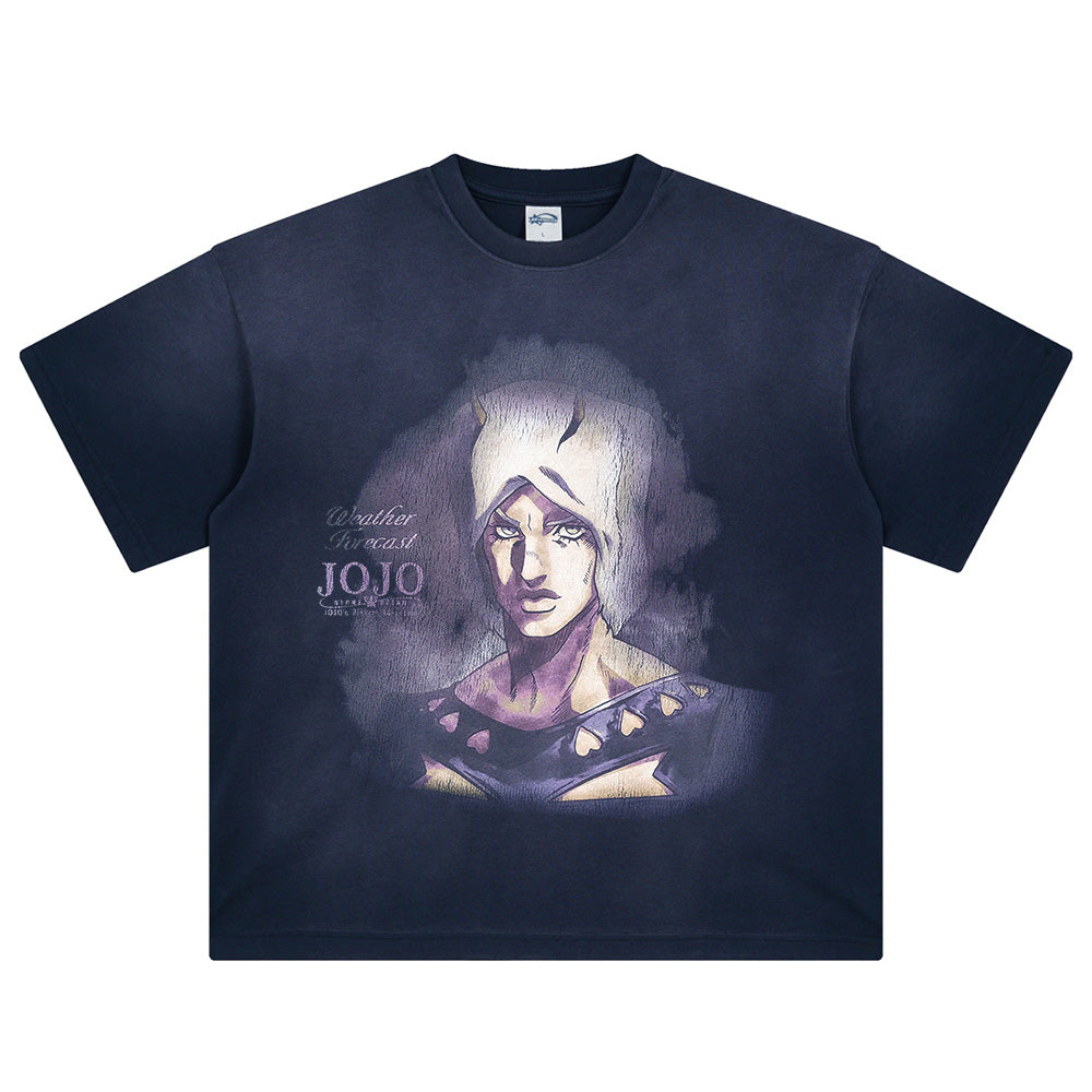 Men's Vintage Anime JoJo Pattern DTG Printed T-shirt Pickled Cotton Short Sleeve Top Oversize Unisex