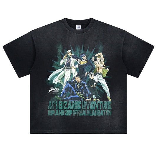 Vintage Anime JoJo Pattern DTG Printed T-shirt Pickled 100% Cotton Short Sleeve Top Oversized Unisex Men's