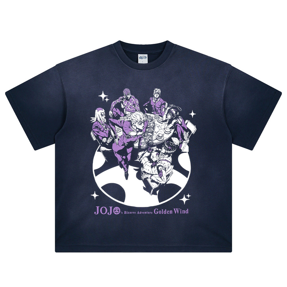 Men's Vintage Anime JoJo Pattern DTG Printed T-shirt Pickled Cotton Short Sleeve Top Oversize Unisex