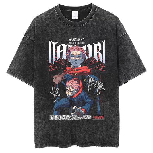 Hip Hop Men Washed T Shirt Anime DTG Print Oversize T Shirt Harajuku 250GSM 100%Cotton Summer Short Sleeve Tshirt