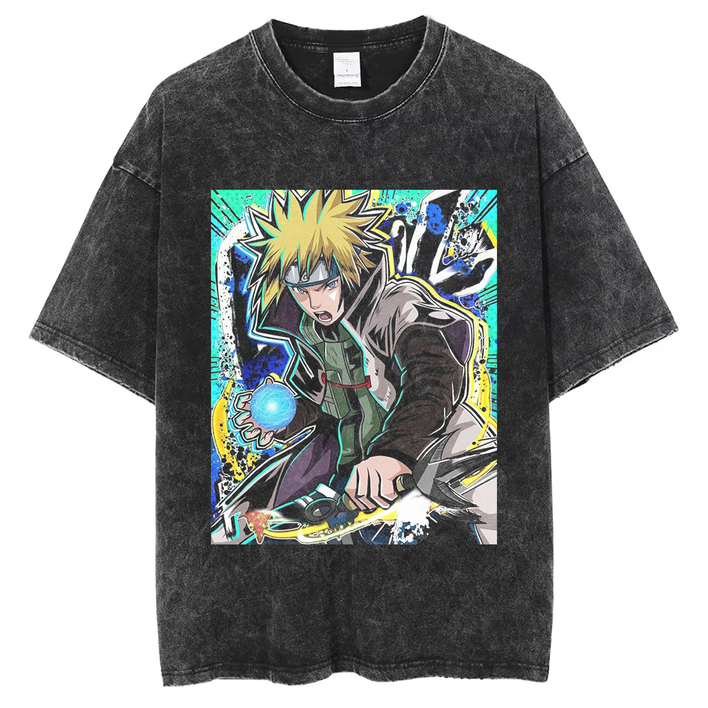 Men Washed T Shirt Summer Vintage Black T-ShirtAnime Print T shirt Fashion Oversize Cotton Top Tee Unisex