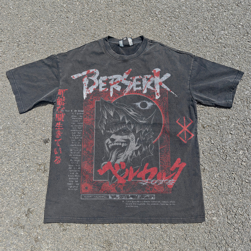 Vintage Black Fading 100% Cotton T-shirt with Berserker Pattern DTG Large Size Printed T-shirt