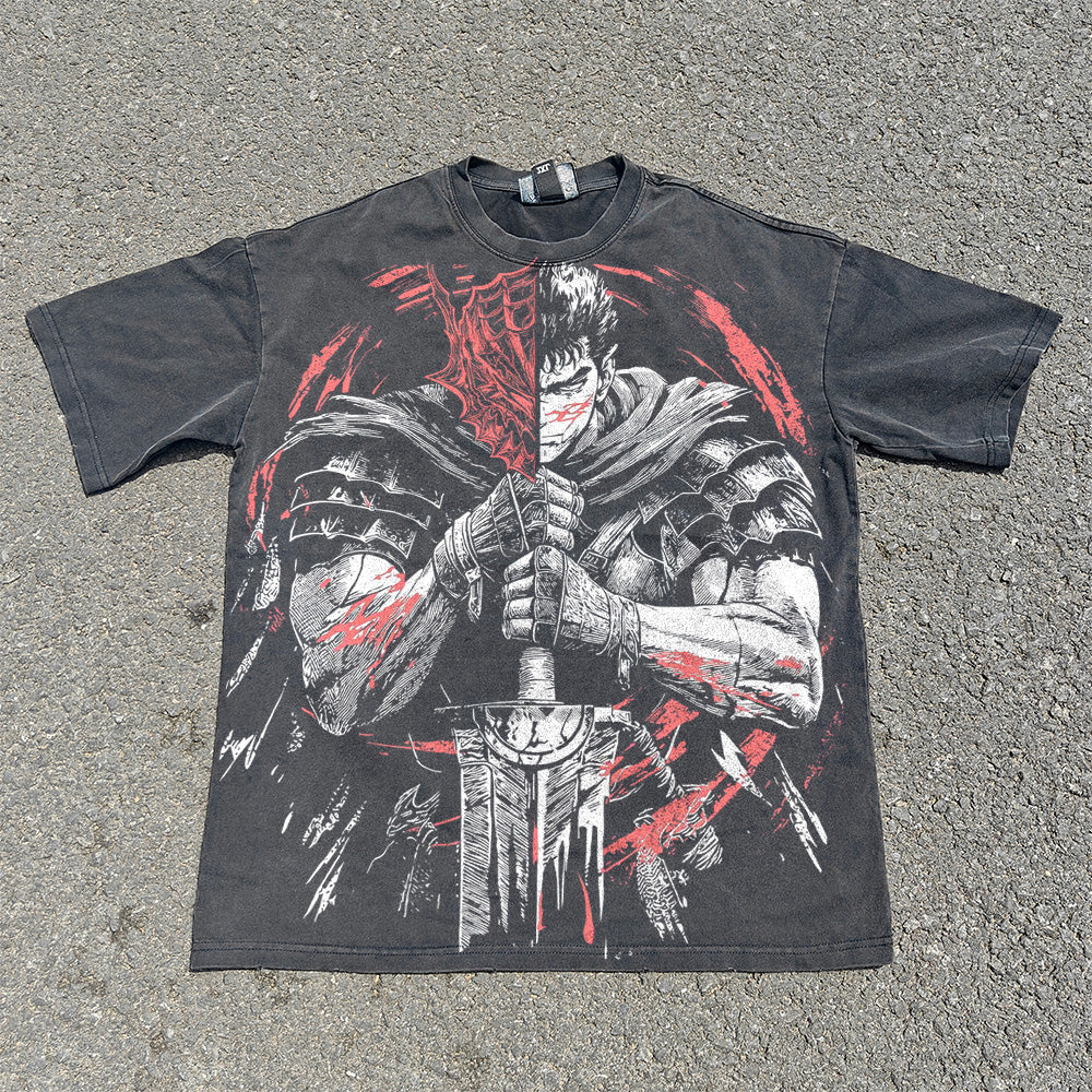 Vintage Black Fading 100% Cotton T-shirt with Berserker Pattern DTG Large Size Printed T-shirt
