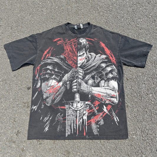 Vintage Black Fading 100% Cotton T-shirt with Berserker Pattern DTG Large Size Printed T-shirt