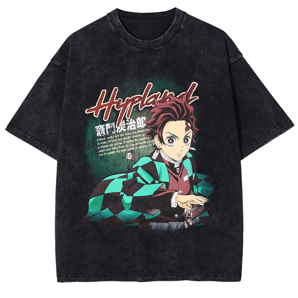 Men Washed T-Shirt Anime DTG Graphic Oversized T Shirt Vintage Black