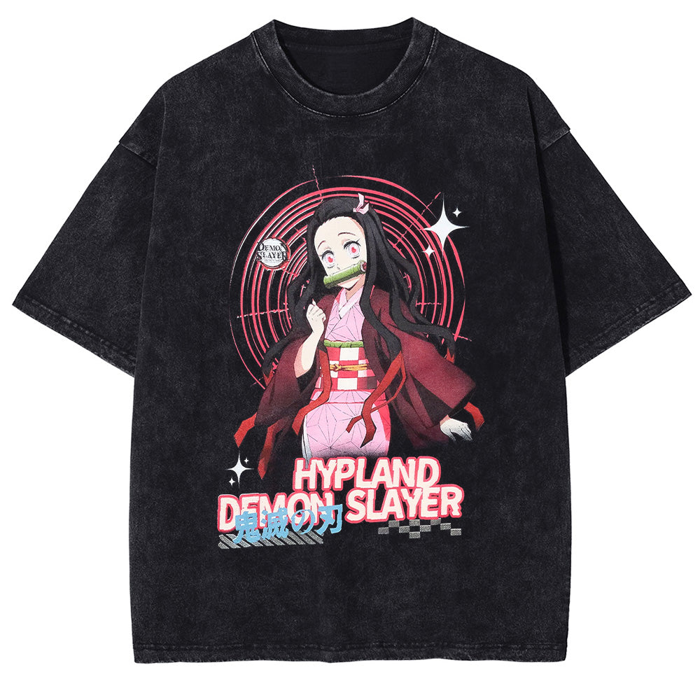 Men Washed T-Shirt Anime DTG Graphic Oversized T Shirt Vintage Black