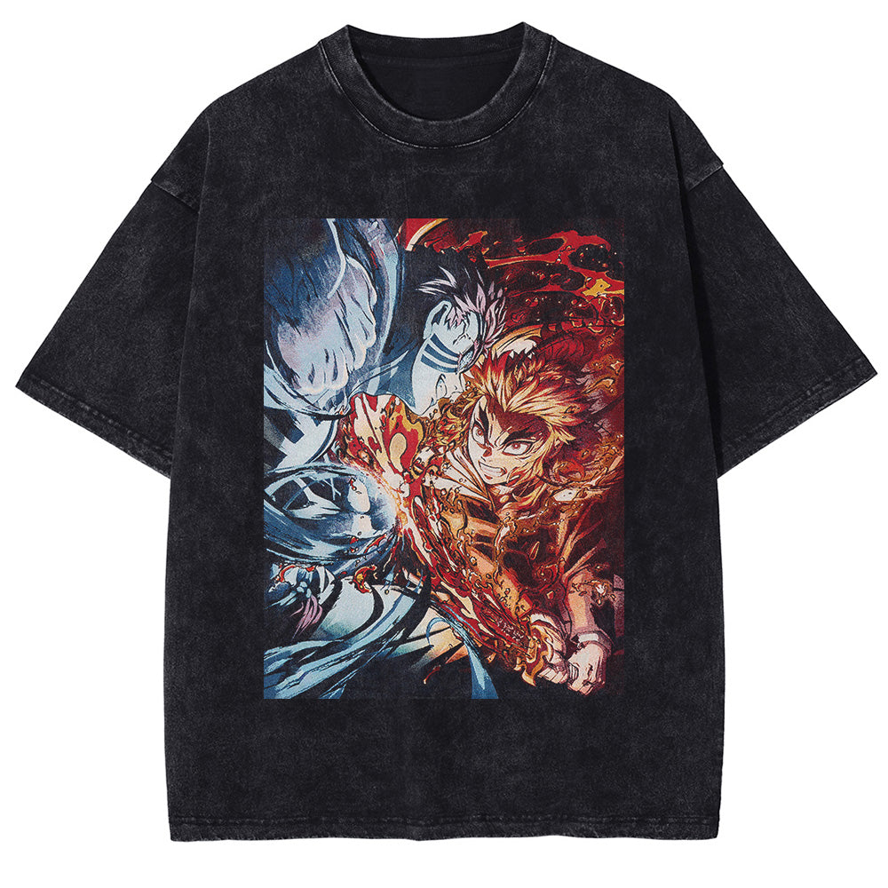 Men Washed T-Shirt Anime DTG Graphic Oversized T Shirt Vintage Black