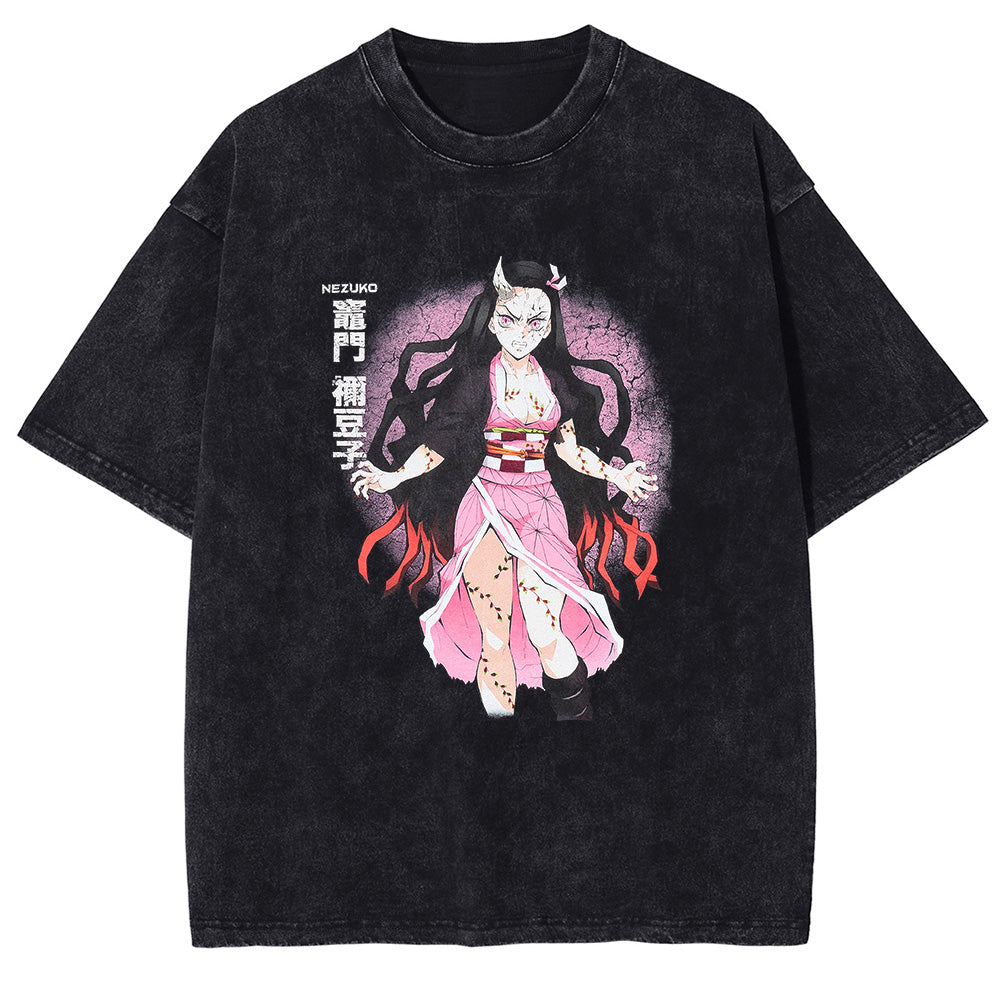Men Washed T-Shirt Anime DTG Graphic Oversized T Shirt Vintage Black