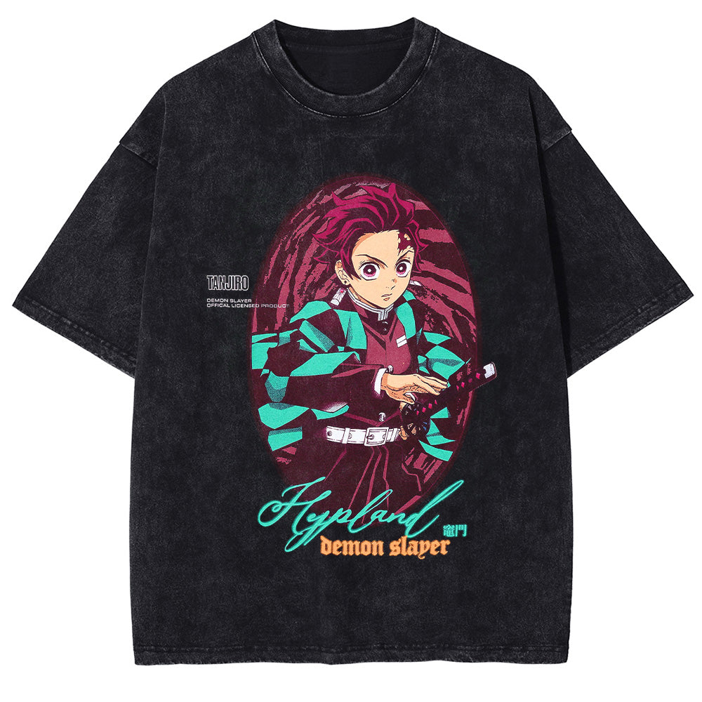 Men Washed T-Shirt Anime DTG Graphic Oversized T Shirt Vintage Black