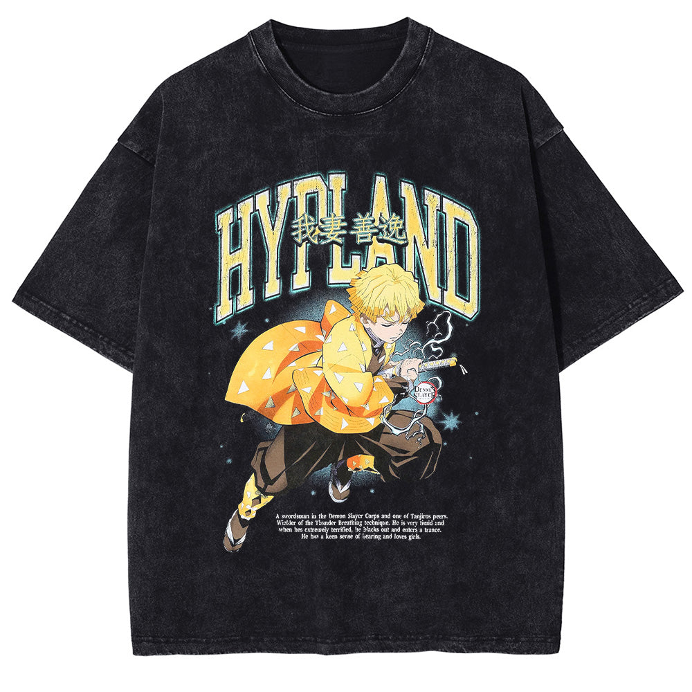 Men Washed T-Shirt Anime DTG Graphic Oversized T Shirt Vintage Black