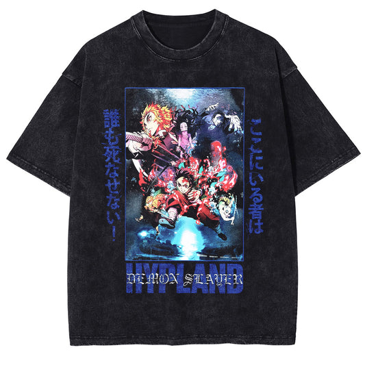 Men Washed T-Shirt Anime DTG Graphic Oversized T Shirt Vintage Black